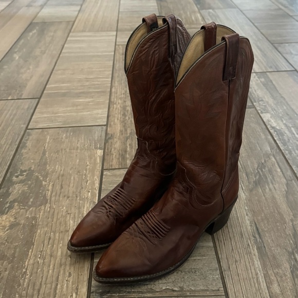 DAN POST COWBOY BOOTS WINGTIP BROWN STITCHED LEATHER, #16782 SIZE 9D, VINTAGE - Picture 3 of 12